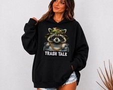 Trash Talk Sarcastic Animal Hoodie, Raccoon in Camouflage Hat Graphic