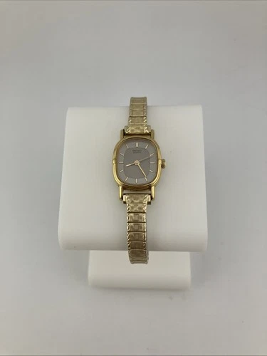 New ListingVtg Seiko Ladies 17mm Watch Gold Tone Gray Dial Stretch 2p21-5009 -RUNS