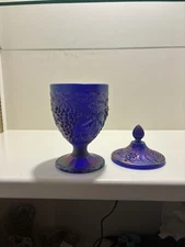 Imperial Cobalt Blue Covered Candy Dish Carnival Glass Embossed Grapes