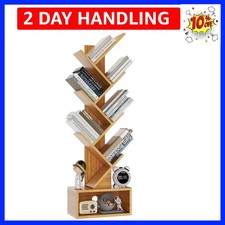 6 Tier Tree Bookshelf, Tall Bookcase, Wood Book Storage Rack with Drawer, Mod...
