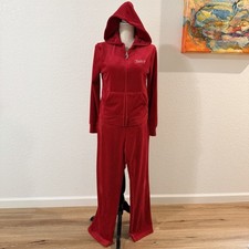 Juicy Couture Y2K 2-Piece Velour Tracksuit Red Zip Hoodie With Pants Size S