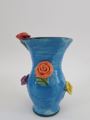 花瓶　『MARY ROSE YOUNG メアリーローズヤング』 Mary Rose Young England Studio Pottery Blue Multicolor Rose Vase 5