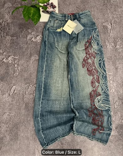 Y2K Baggy Wide Leg Jeans Blue Denim Embroidered Graphic Skater Pants L