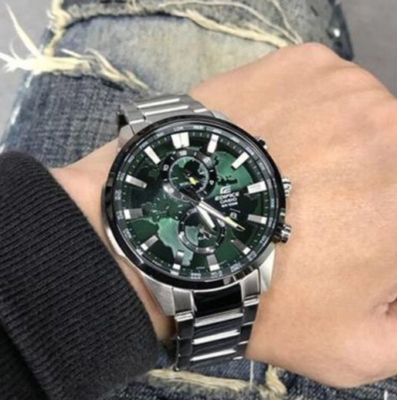 NEW CASIO EDIFICE MENS WATCH GREEN DIAL & STEEL SILVER BRACELET
