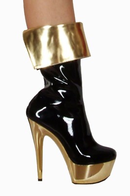 Mid Leg Stiefel Schwarz & Gold ''Jade'' Lack 6 Inch Stiletto High Heel UK 3 EU 36