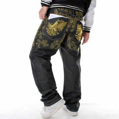 Mens Embroidered Hip-Hop Loose Graffiti Denim Baggy Streetwear Wings Jeans Pants