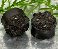 PAIR Carved Owl Ebony Wood Style Plugs Organic Earlets Gauges Body Jewelry