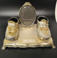 Vintage Silver-tone Dipped Baby Shoes on Base w/ Domed Glass Photo Frame