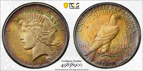 1925 Peace Silver Dollar - PCGS UNC Detail - Beautiful Rainbow Toned