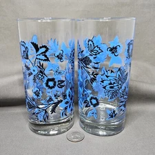2 Crisa Royal Norfolk Cobalt Blue Floral 16 oz Glass Tumblers Wraparound Tropica
