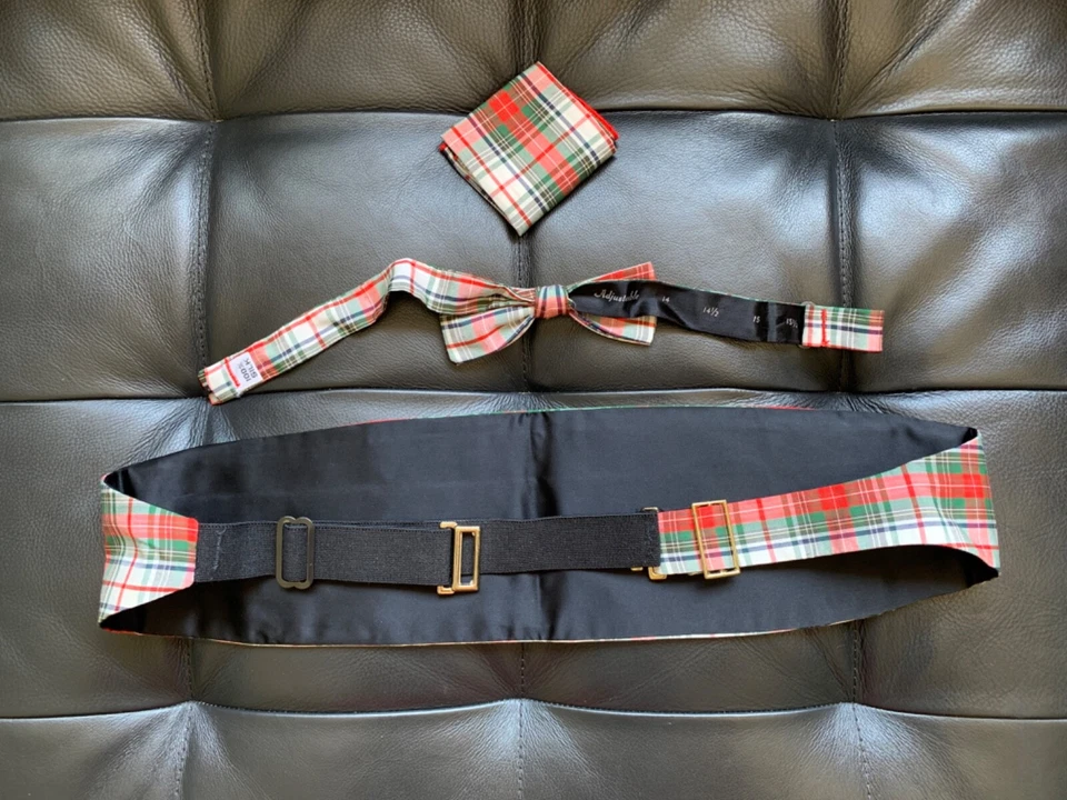 IMPRESIONANTE CONJUNTO CUADRADO DE PAJARITA/FAJA/BOLSILLO A CUADROS TARTÁN 100 % SEDA DE COLECCIÓN Foto 3 de 4