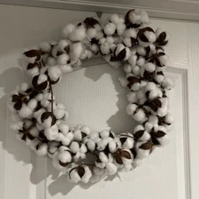 WHITE COTTON Bol Ball Pod WREATH  17” Southern Farmhouse Decor