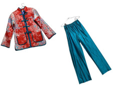 VTG Circa 2000 2 Piece Chinese Jacket - Pants Set Women's S Red Floral Quilted