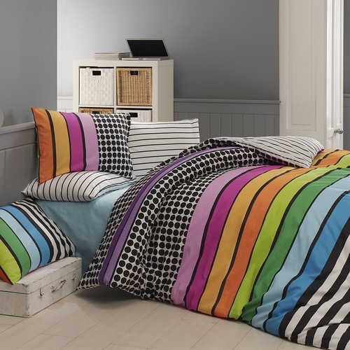 3-pc Bedding Set: TURKISH COTTON DUVET COVER + 2 PILLOW CASES. Colored Stripes
