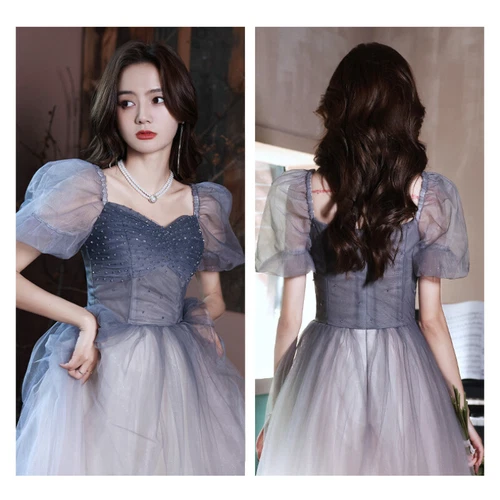 Damen Farbverlauf Netz Kleid Perlen Dekor Puffärmel Abendkleid Prinzessin glänzend - Bild 8 von 13