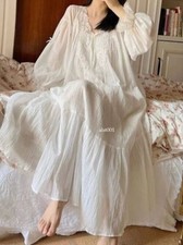 Womens Vintage Mesh Nightgown Long Sleeve Lace Nightdress Lady Pajamas Gown Robe
