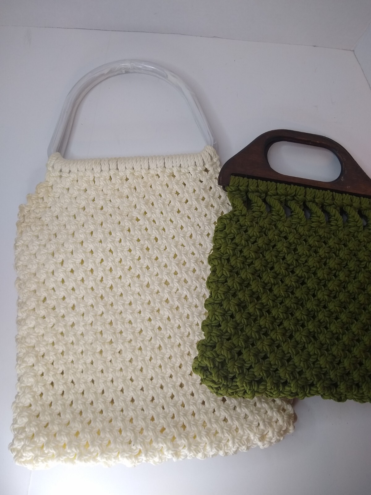 Sac à Main Boho Hippie En Macramé Crochet Ivoire - Poignées En Bois Rond - Fait Main - Neuf