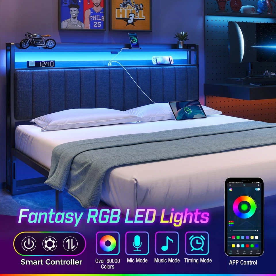 Cabecero para Cama King Size con Almacenamiento, 60.000 Hágalo Usted Mismo Color de Luz LED, Cabezal... Foto 4 de 4