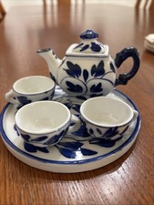 6 Pc Lot Vintage Cobalt Blue Miniature Stoneware Tea Part Set