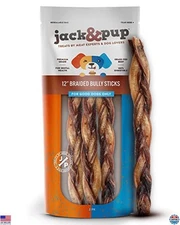 Jack&Pup 12" Thick Braided Bully Sticks (3-Pack) - Long-Lasting Chews for Dogs