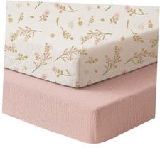 Muslin Mini Crib Sheets, 100 Soft Cotton Pack Pack N Play Sheets Floral, Pink