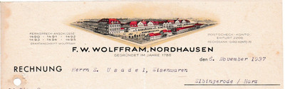F. W. Wolffram historische kleine Rechnung Nordhausen 1937 Thüringen Harz