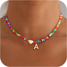 Christmas Gifts for Grandkids Teens Girls - Colorful Beaded Initial Necklace Tee