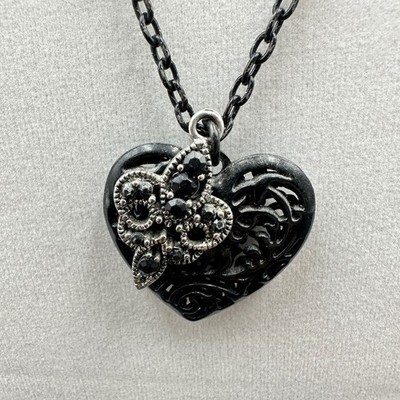 Jonas Black Heart Pendant Necklace Gothic Filigree Dark Romance Statement 22in