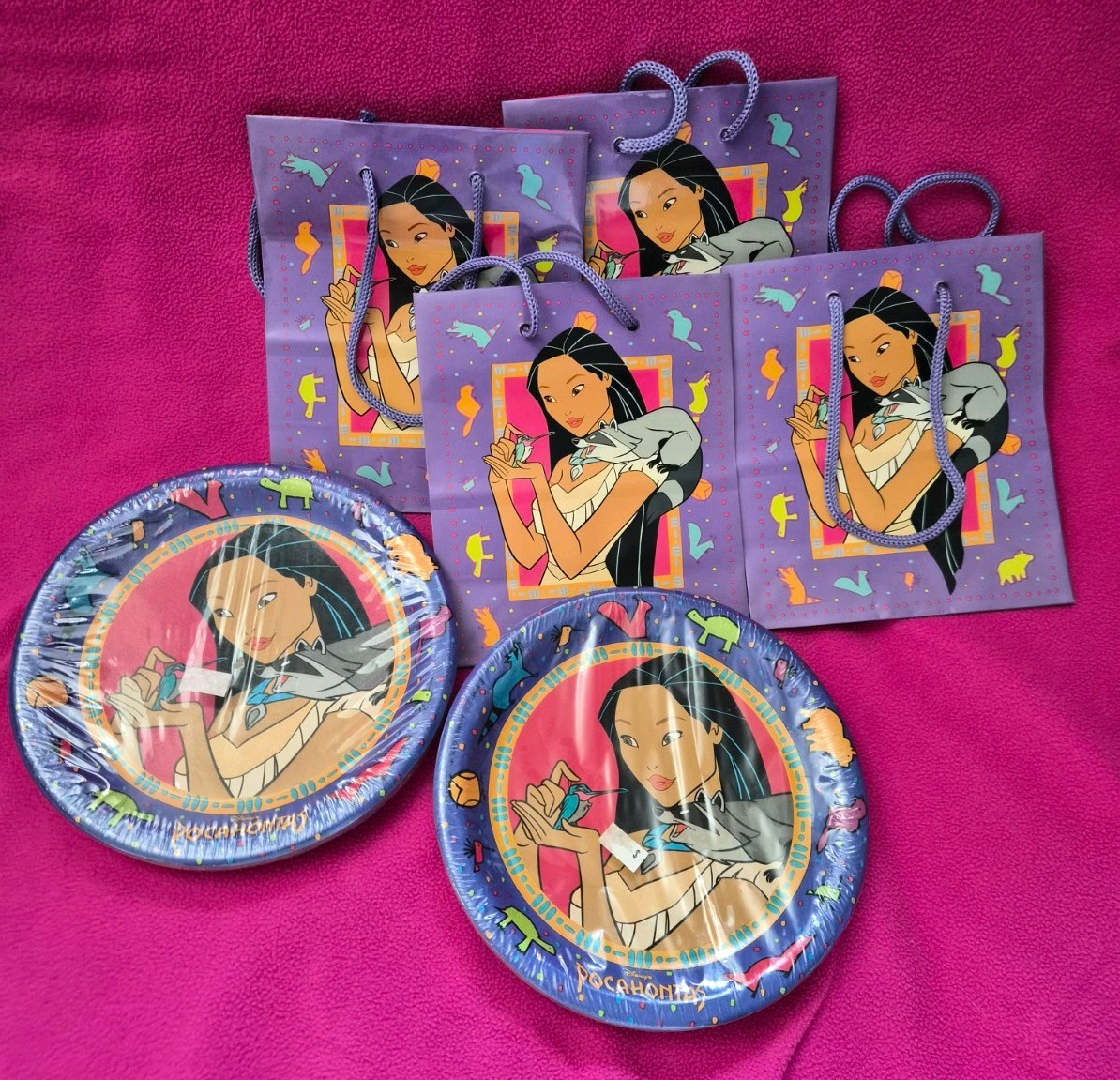 Bolsa de regalo y platos vintage de la película de Disney Pocahontas sello de cumpleaños Meeko