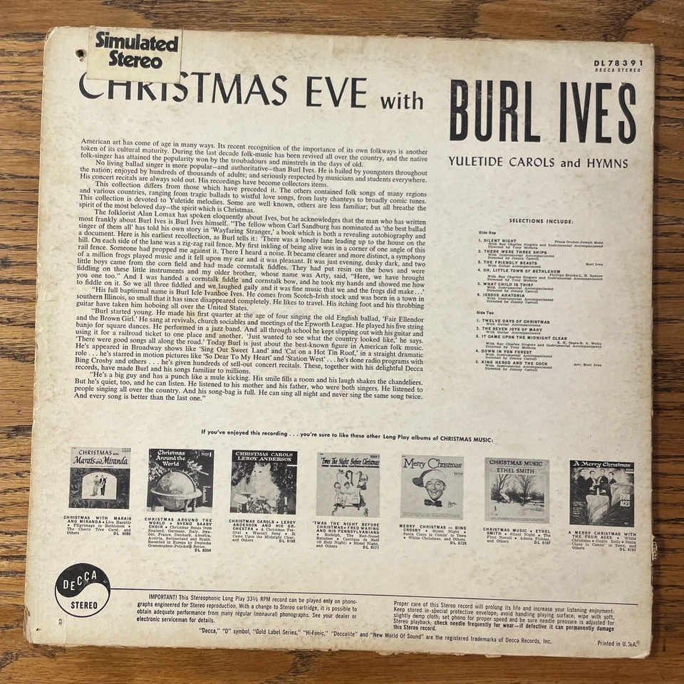 RARE Christmas Eve With Burl Ives LP Decca Stereo RARE Holiday Santa VG+ - Image 4 of 4