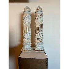RARE Pair Antique V&B Mettlach 16" Relief Tower Steins #168 Medieval Scene