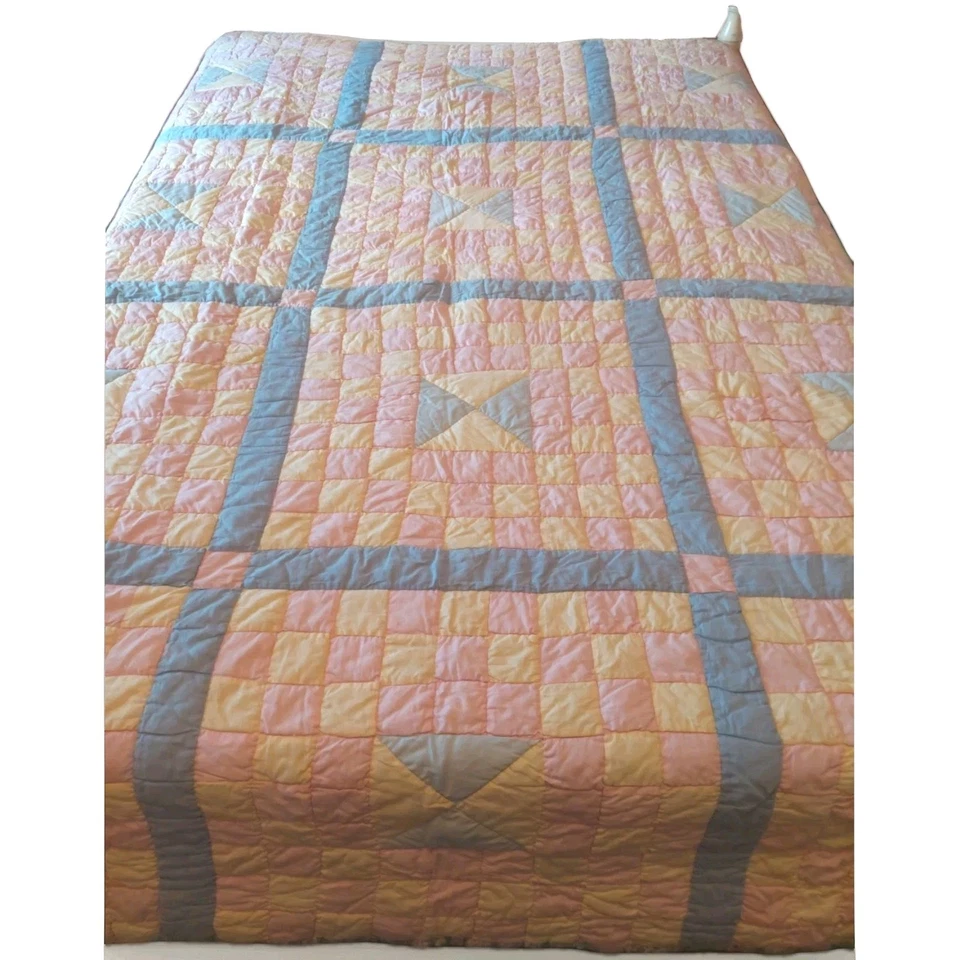 Colcha inchada dupla solteira Mod Block Grid ponto à mão AZUL ROSA 68 X 86 L  - Imagem 2 de 4