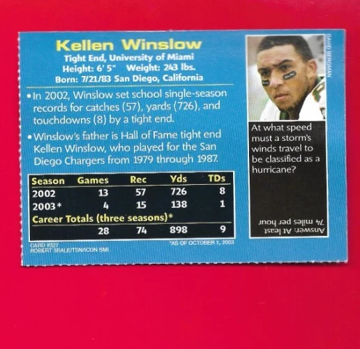 2003 Sports Illustrated SI Kids KELLEN WINSLOW RC University Miami Hurricane 327 - Image 2 of 2