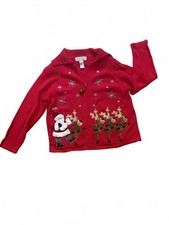 Tiara International Red Christmas Cardigan Sweater with Santa and Reindeer L