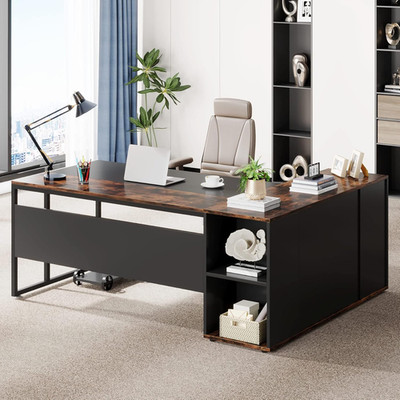 Stylish 71'' L Shaped Executive Desk with Storage for Home Office, Brown & Black