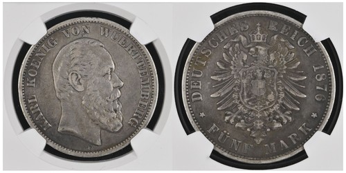 1876F German States WUERTTEMBERG 5 Mark (Authentic: NGC VF30 Certified) - Picture 2 of 9