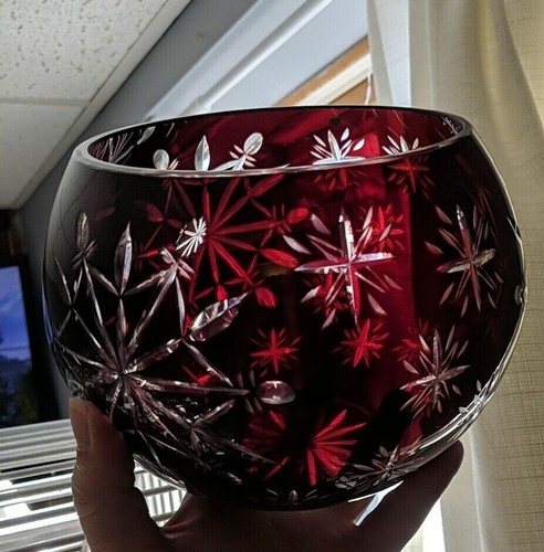 Rubinrot geschliffen auf Klarglas Blumenschale runde Vase Schneeflocken Sterne 5,5" - Bild 5 von 5