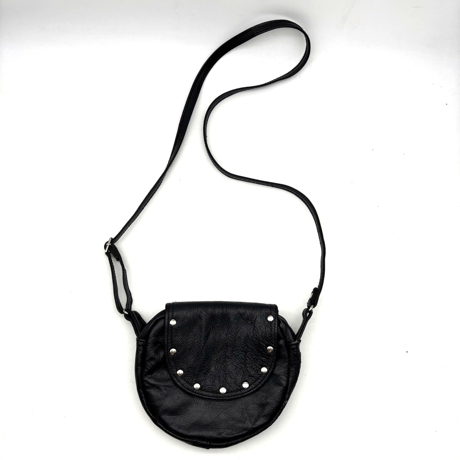 Vintage 90s Y2K Black Pebbled Leather Studded Flap Crossbody Saddle Bag 7.5x7