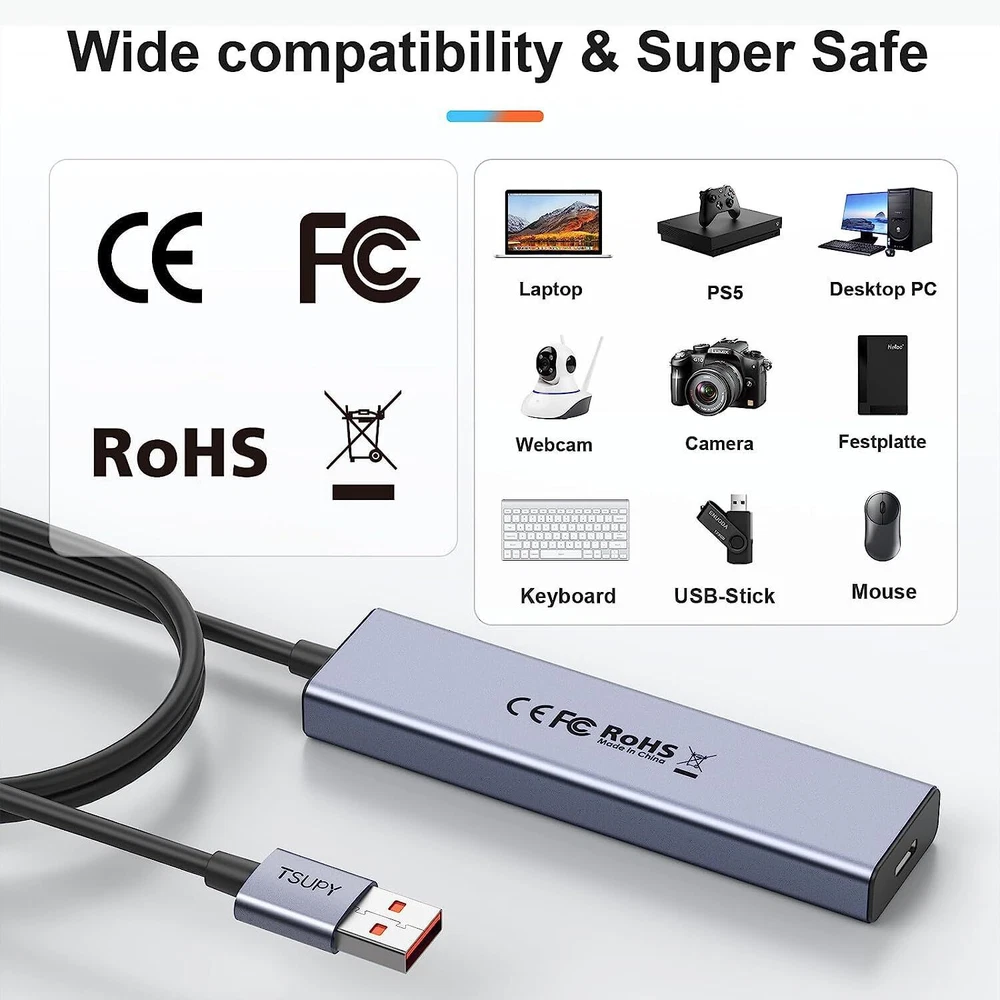 High-Speed USB 3.2 Hub - 4-Port 10Gbps Splitter with 4ft Cable