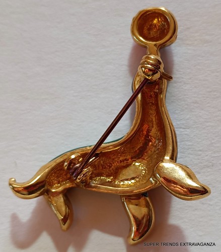 Swarovski Crystal Gold Tone Enameled Jeweled Seal With Ball Brooch Pin - Picture 5 of 7