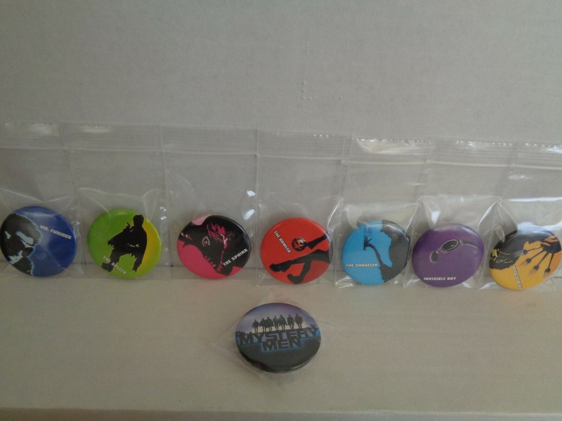 SDCC MYSTERY MEN FILM CHARACTER PINBACK BUTTON PROMO SET OF 8 RARE 