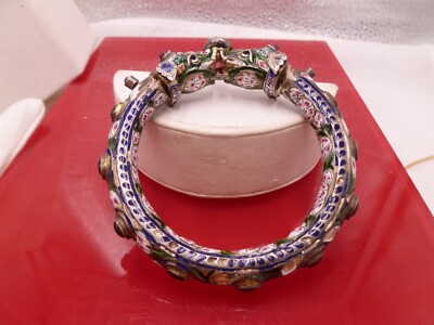 Silver Indian Meenakari Enamel Elephant Heads Bangle Bracelet Vintage 