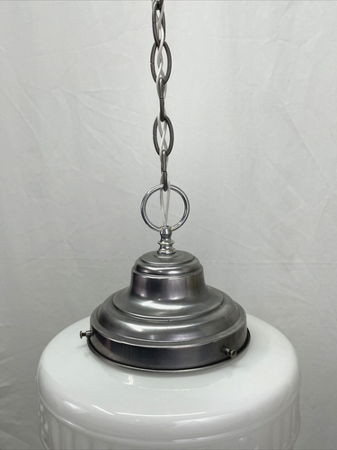 RESTORED Antique Vtg LARGE Art Deco Glass Pendant Light Chandelier, Schoolhouse - Picture 9 of 24
