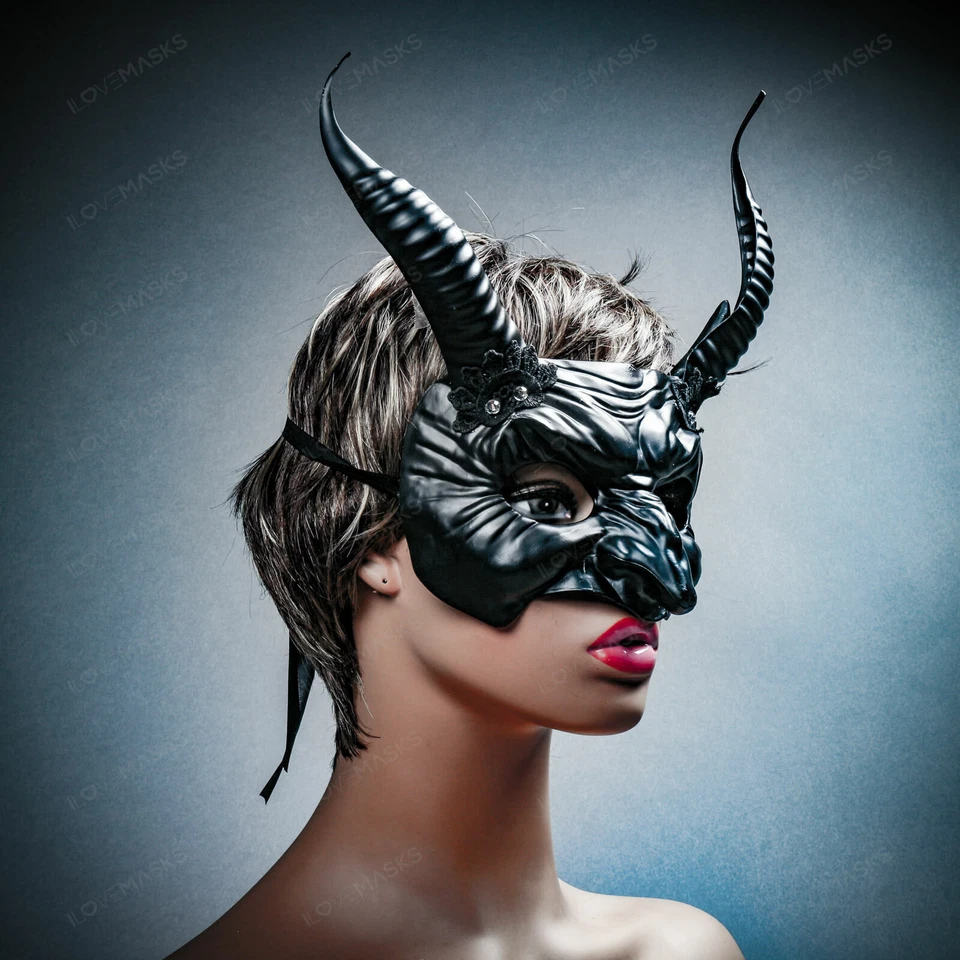 Black Goblin Devil Horns w/ Lace Halloween Masquerade Mask Women Party Eyes Mask - Image 3 of 4