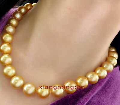 AAAAA 20"11-14mm NATURAL REAL round South sea golden pearl necklace 14K ...