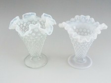 TWO VINTAGE FENTON FRENCH OPALESCENT HOBNAIL VASES DOUBLE CRIMPED WHITE NICE
