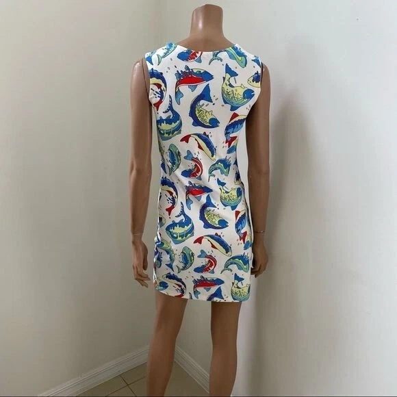 KENZO Paris Mini Abito Crepe Bianco Stampa Pesce S