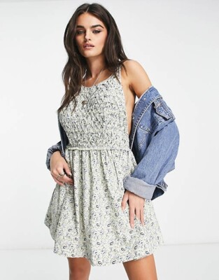 Free People Petunia Apron Style Floral Mini Dress, Ivory, Large, RRP $118