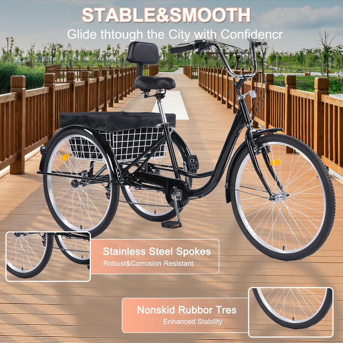 26 Inch Trike Speed Adult Tricycle 3-Wheel Bike w/Basket for