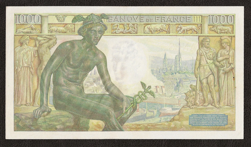 FRANCE 1,000 1000 Francs 1942 P-102 AUNC Almost Uncirculated w/H - Image 3 of 3